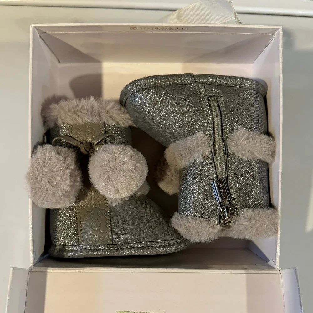 Michael Kors NEW Baby Girls Fur Trim Glitter Grey Metallic Booties‎ 0-3M